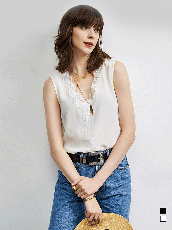 V-neck Lace Decorated Neckline White Silk Tee