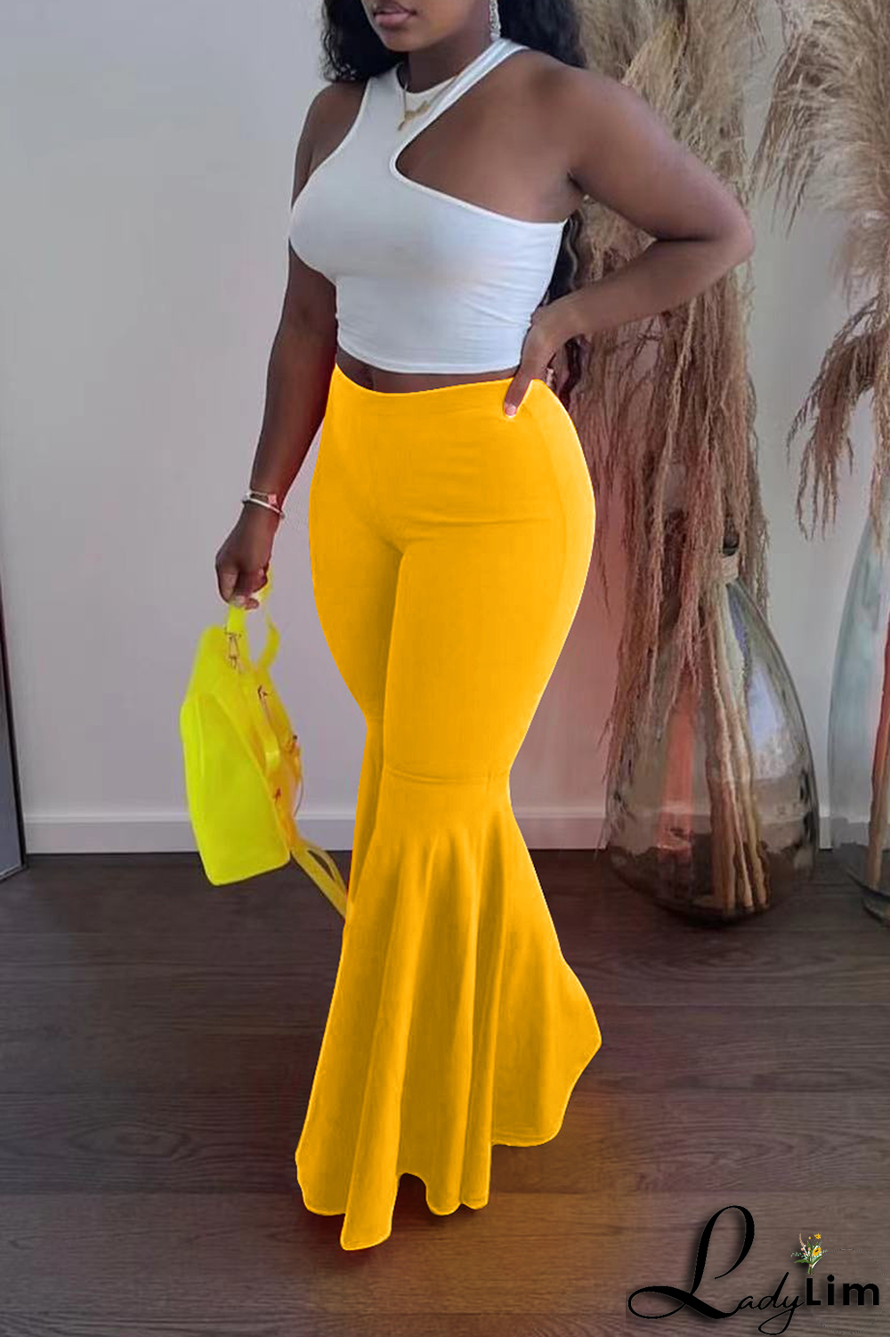 Fluorescent Green Fashion Solid Flounce Boot Cut High Waist Speaker Solid Color Bottoms