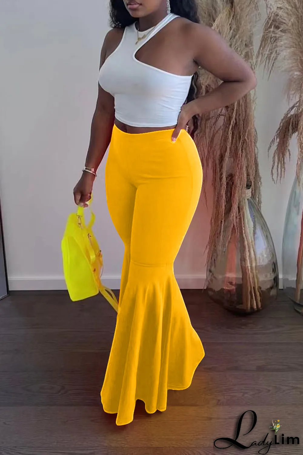 Fluorescent Green Fashion Solid Flounce Boot Cut High Waist Speaker Solid Color Bottoms