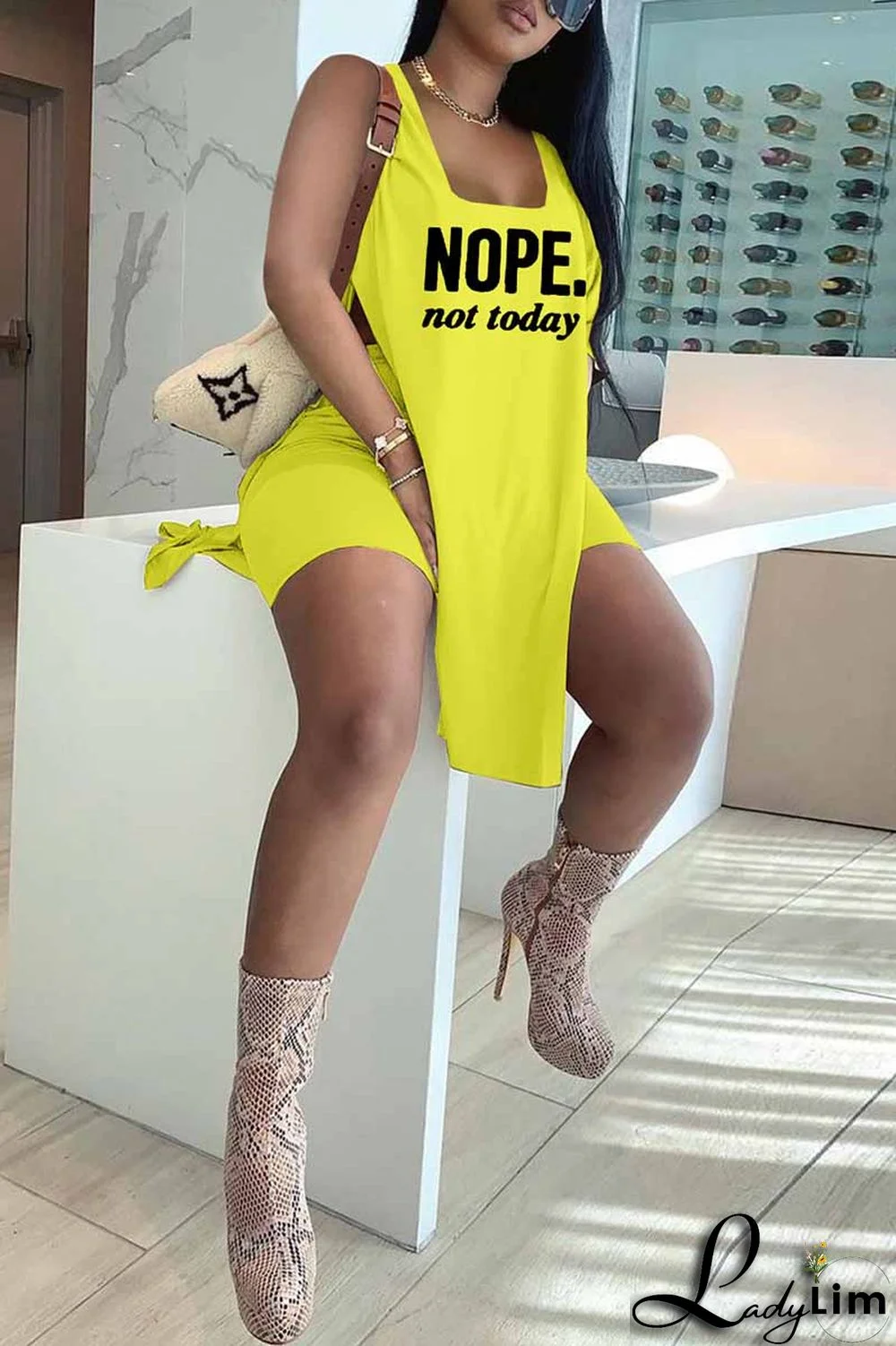 Red Fashion Casual Letter Print Slit U Neck Sleeveless Two Pieces