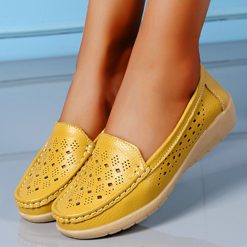 Casual Soft Hollowed Out Women Leather Flat Shoes