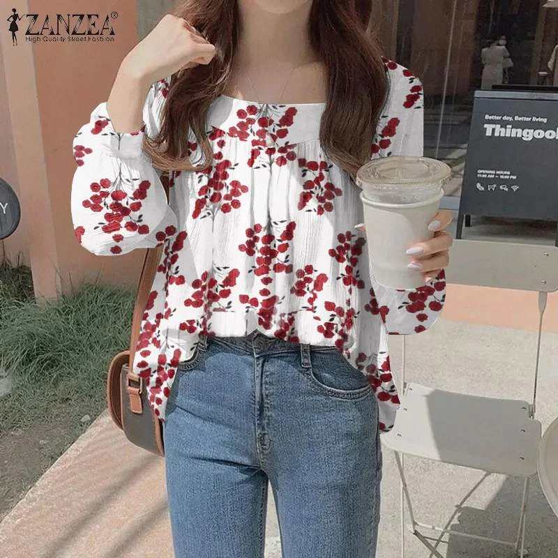 Oversized Women Autumn Blouses ZANZEA Retro Floral Tops Casual Puff Sleeve Blusas Female O Neck Tunic Bohemian Printed Chemise