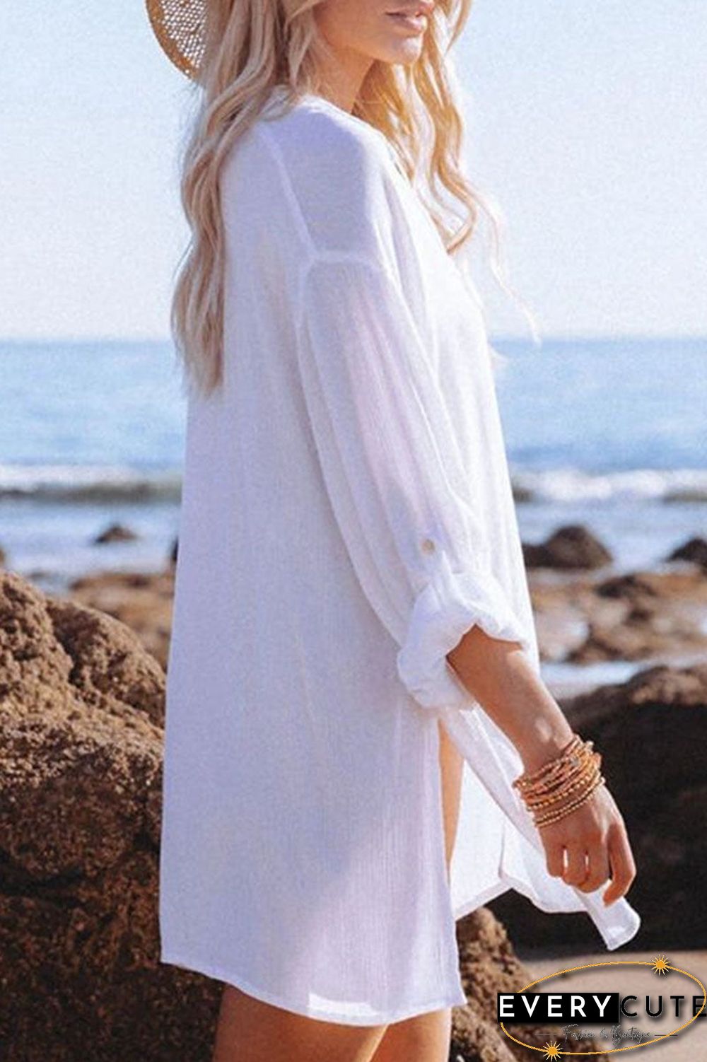 Casual Solid Split Joint Turndown Collar Tops