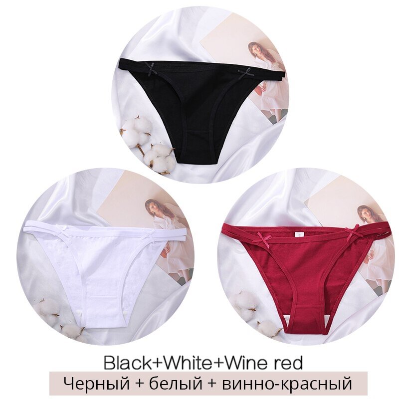 FINETOO M-2XL Bow Cotton Panties 3Pcs/set Women Briefs Girls Plus Size Underpants Low-rise Hollow Underwear Female Lingerie 2021