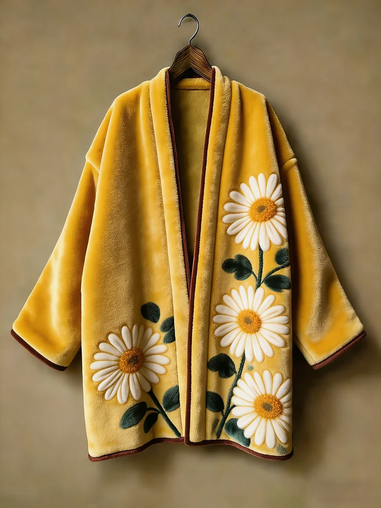 Oriental aesthetic printed flannel embroidered medium and long kimono cardigan