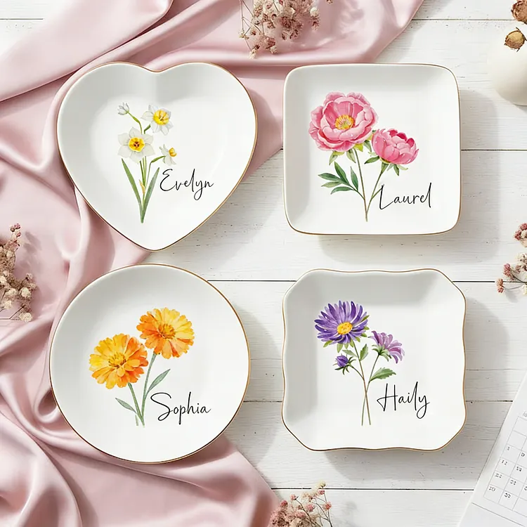 Personalized Birth Flower Trinket Dish Custom Jewelry Dish Wedding Gift Custom Name Ceramic Jewelry Bowl Unique Mother's Day Gift for Mom Grandma Nana 