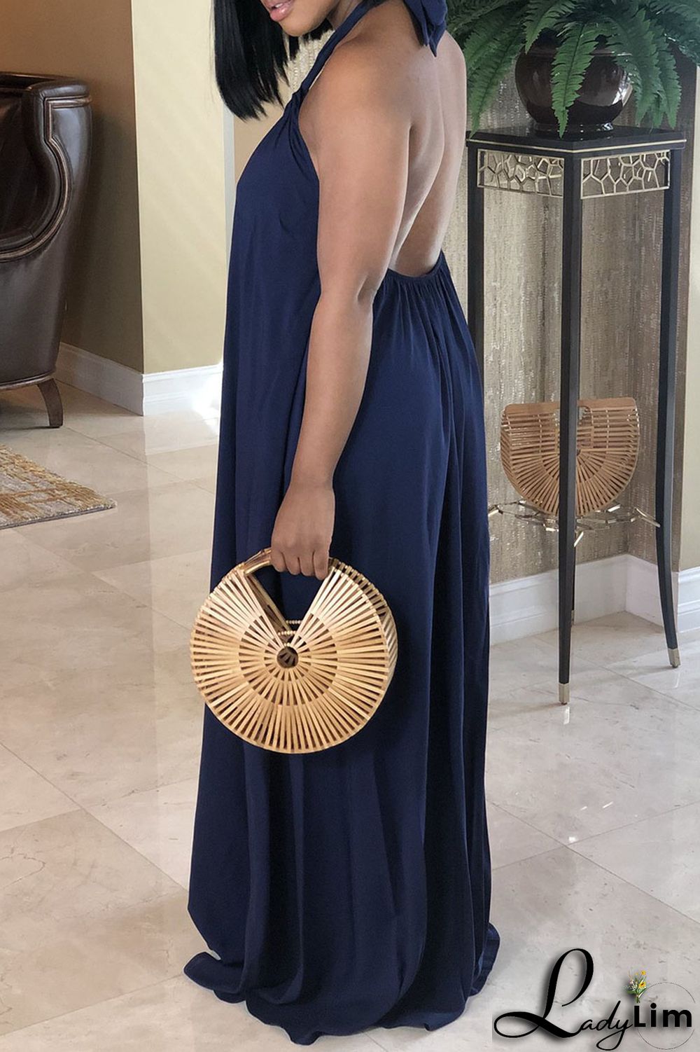 Black Sexy Print Split Joint Backless Halter Straight Dresses