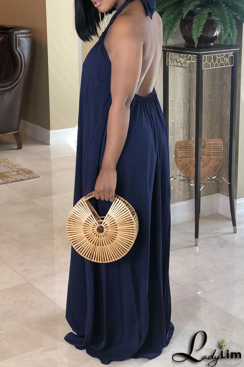 Black Sexy Print Split Joint Backless Halter Straight Dresses