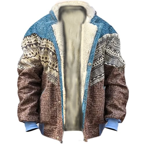 Men's Western Vintage Print Colorblock Outdoor Fleece Jacket