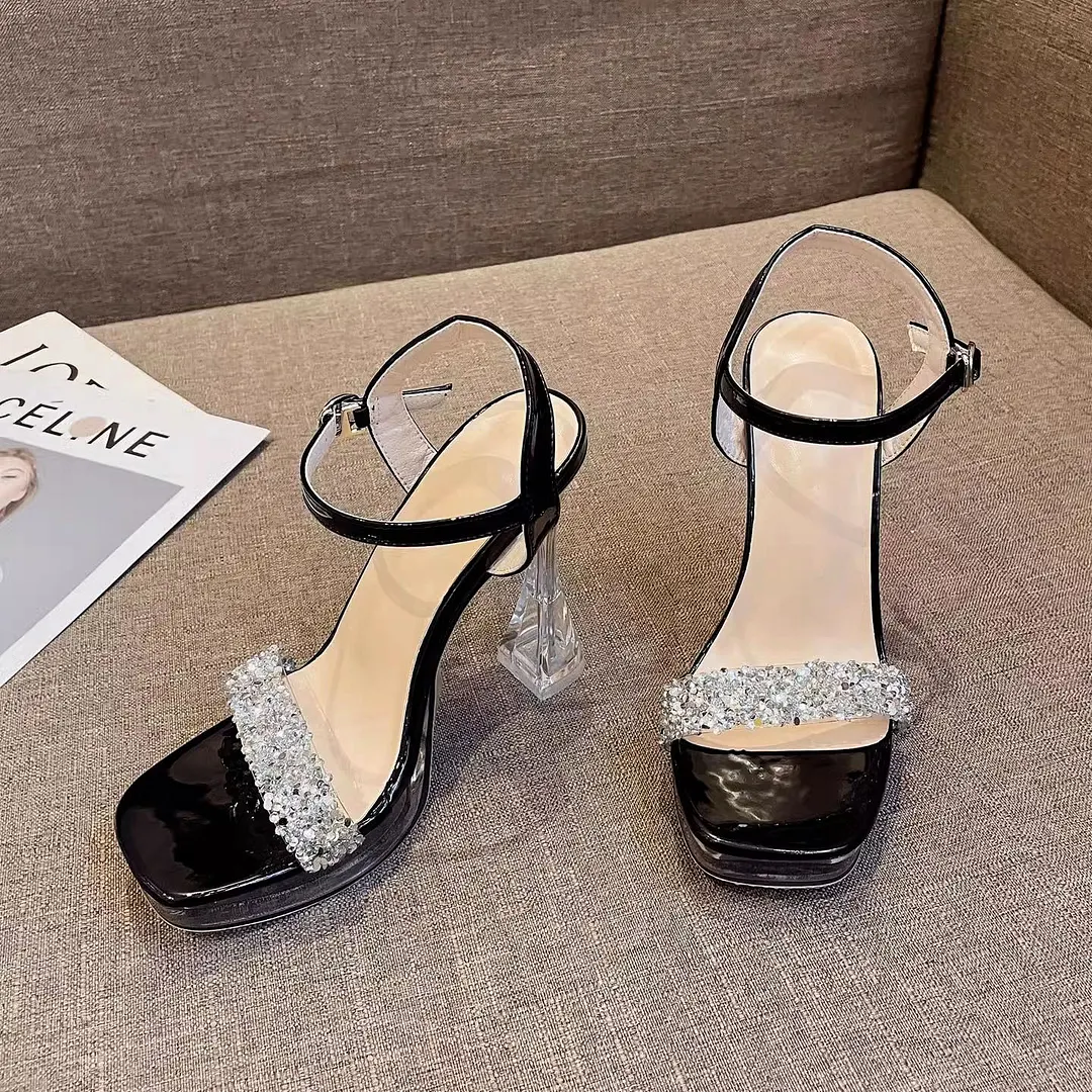 Breakj Breakj Hate Sky High High Heel Sandals French Crystal Waterproof Table Linolee Show New One-Word Buckle Strap Summer Wear