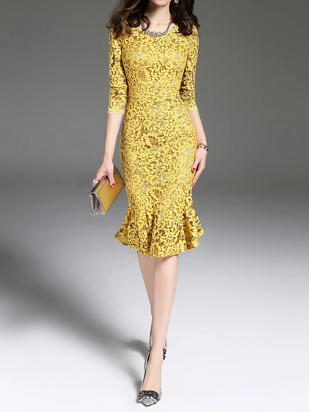 Yellow Flounce Elegant Lace Guipure lace Party Midi Dress