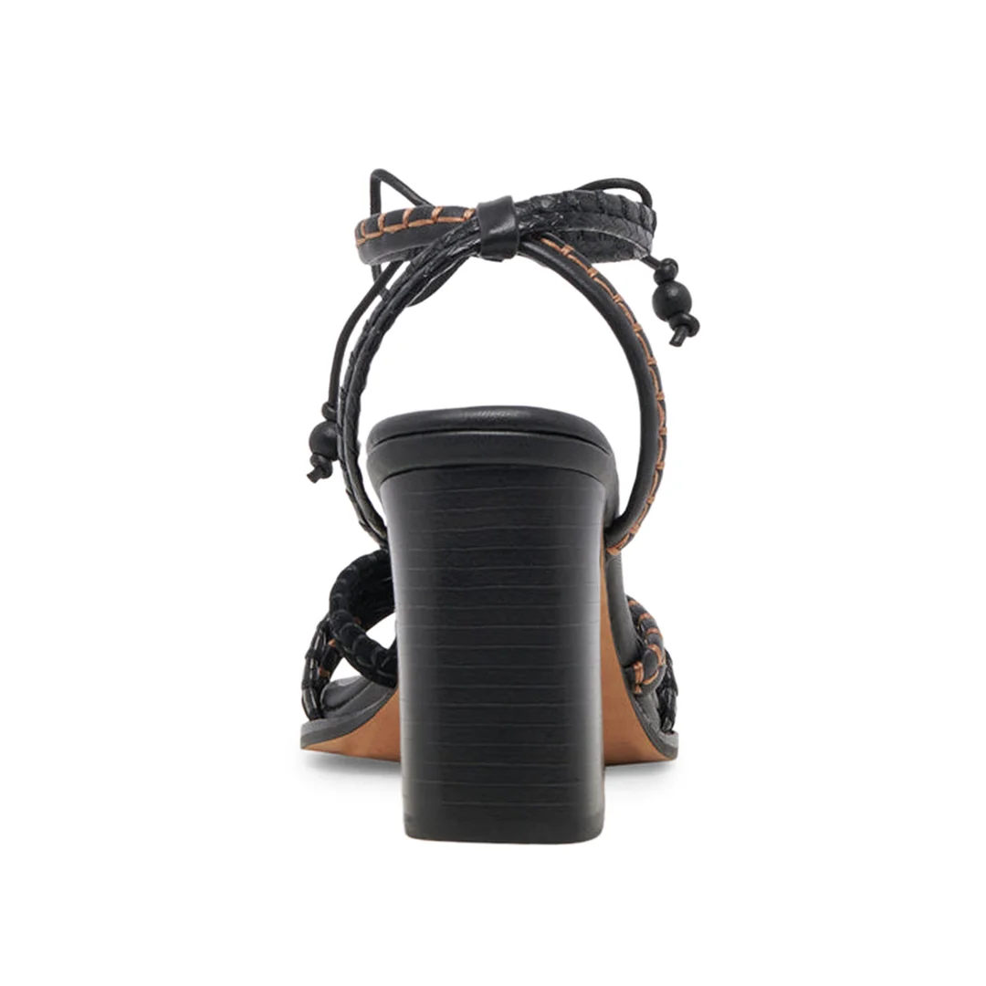 Black Vegan Leather Round Toe Stitched Lace-Up Block Heel Sandals