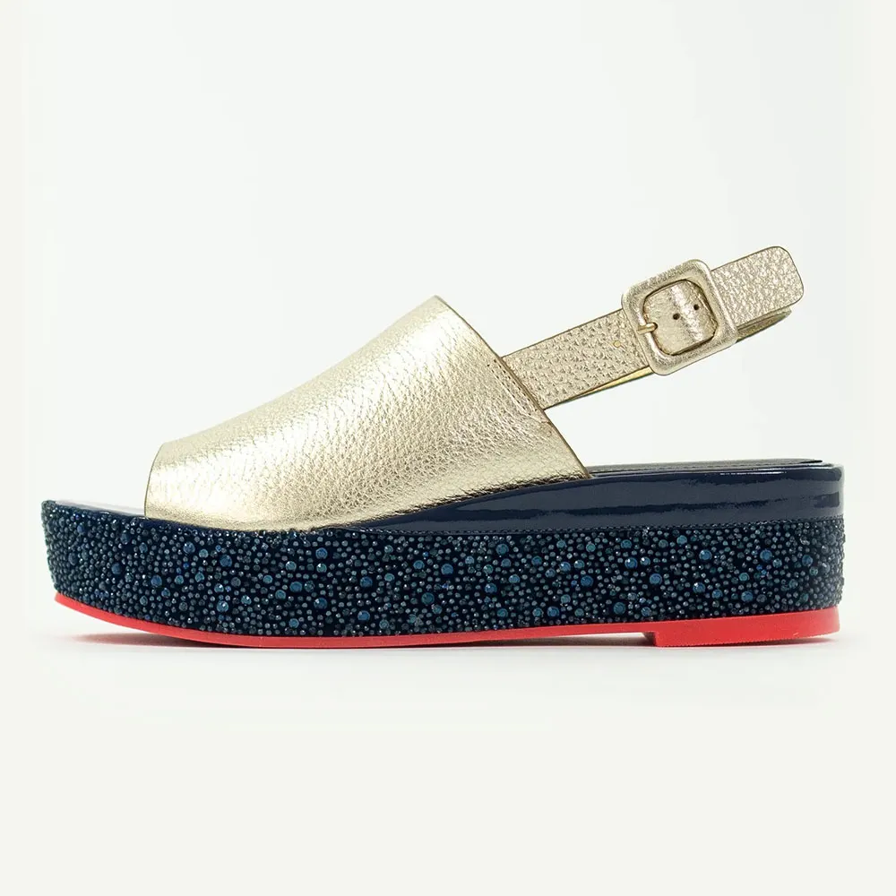 Gold Peep Toe Rhinestone Wedge Heel Platform Sandals with Buckle