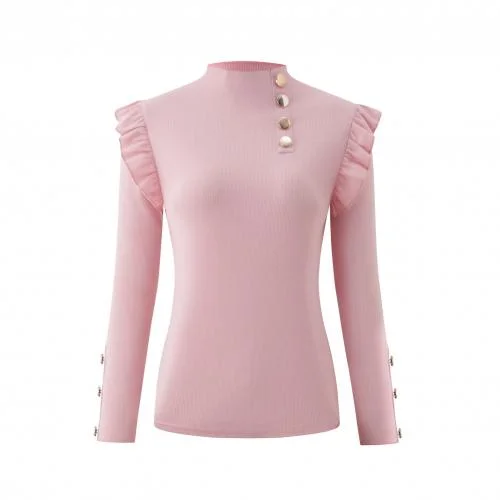 Plus Size Autumn Winter Women Blouse Long Sleeve Knitwear Rib Ruffle Buttons Blouse Basic Shirt