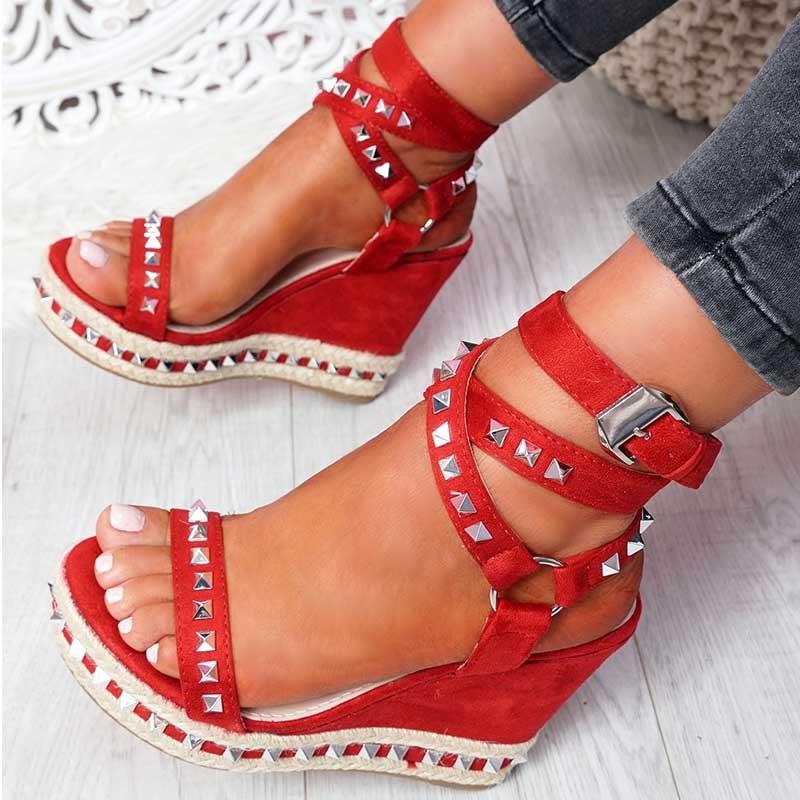 Women rivets red ankle buckle strap wedge sandals