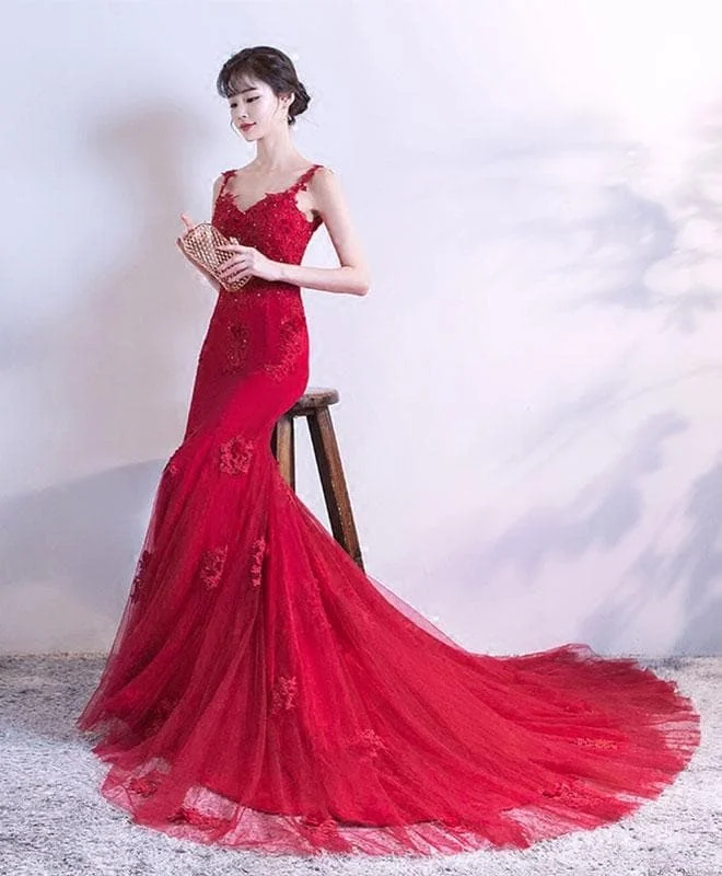 Burgundy Lace Long Prom Dress, Mermaid Evening Dress