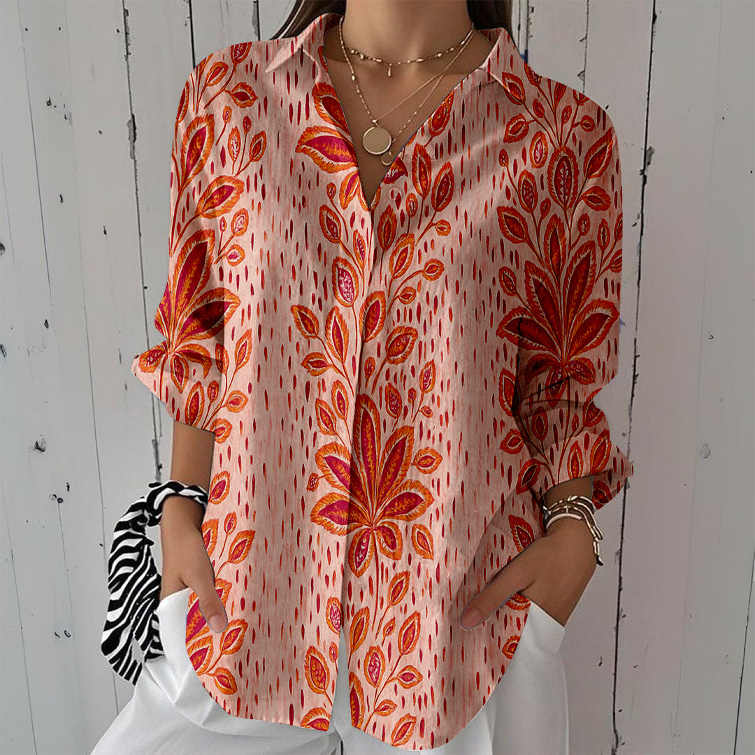 Women Long Sleeve V-neck Graphic Floral Printed Top