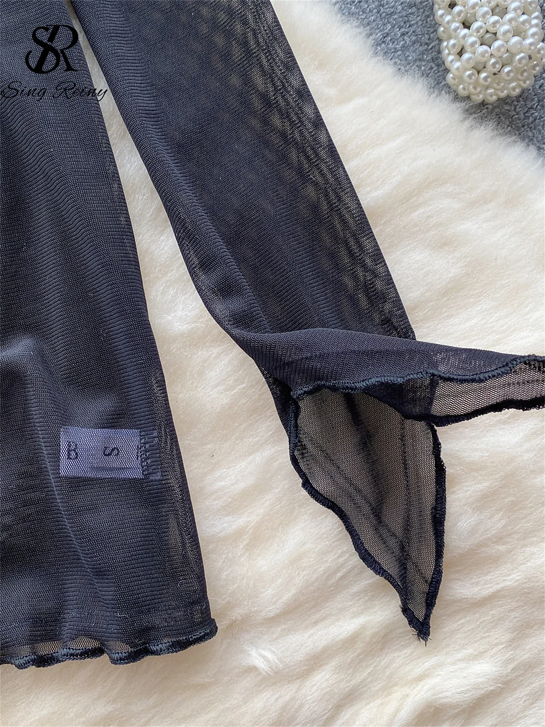 Uaang 2023 Sheer Mesh Mini Dress Women Halter Lace Up Drawstring Long Sleeved Backless Streetwear Hollow Out Sexy Bodydress