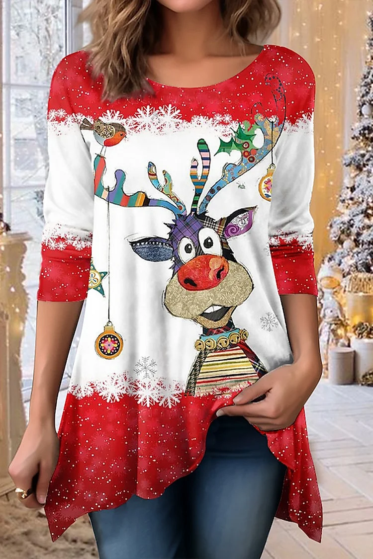 Flycurvy Plus Size Christmas White Snowflake Elk Print Long Sleeve T-Shirt  Flycurvy [product_label]