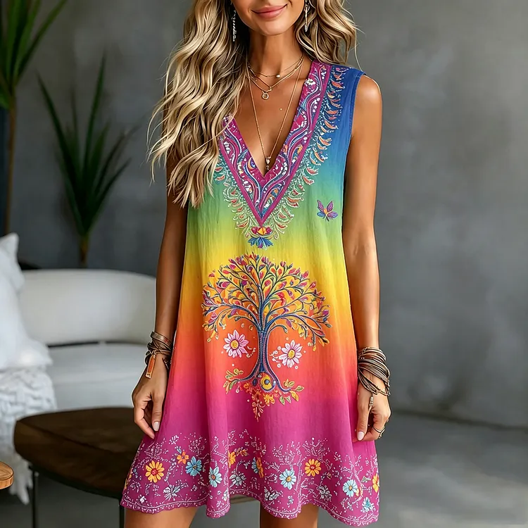 Women's Retro Hippie Style Tree Of Life Floral Art Pattern Linen Blend V-neck Dress