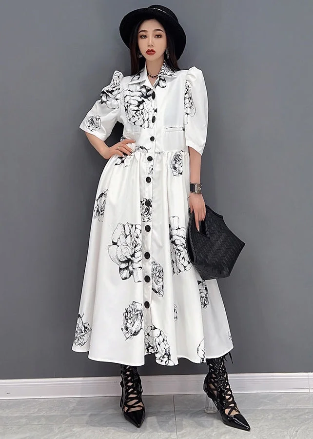 Chic White Peter Pan Collar Floral Print Chiffon Maxi Cinch Dress Half Sleeve