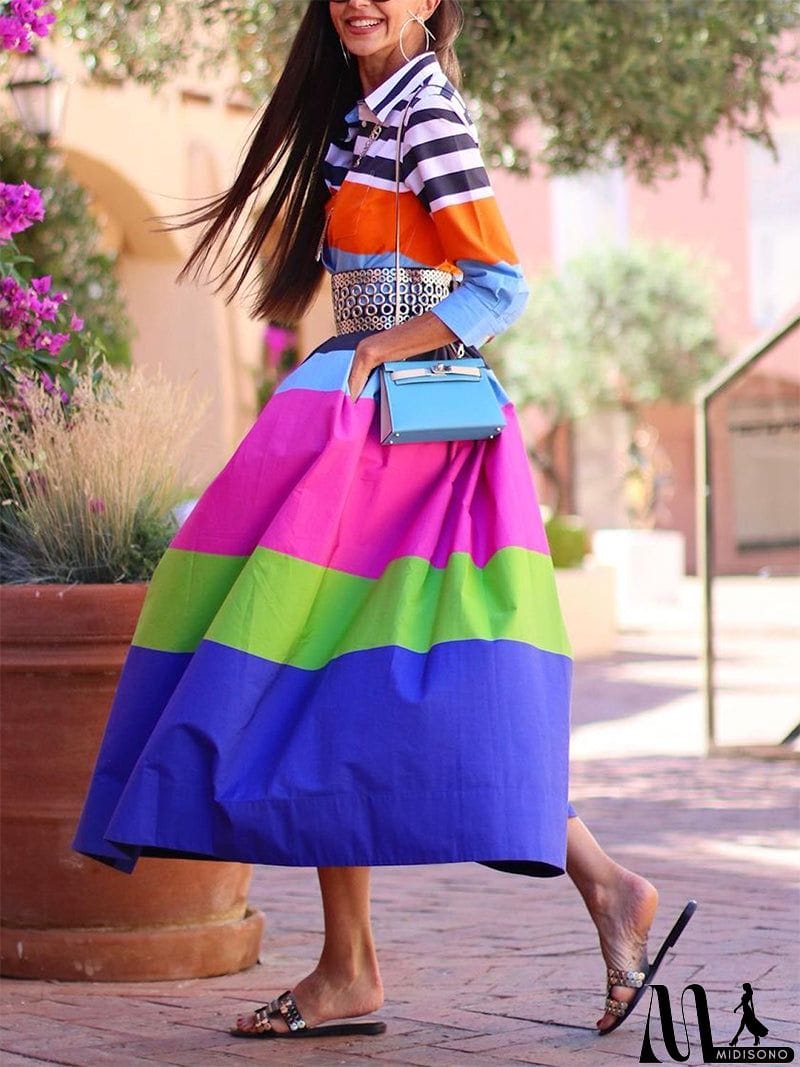 MidiSono - Loose Three-Quarter Sleeves Buttoned Contrast Color Striped Lapel Collar Midi Dresses