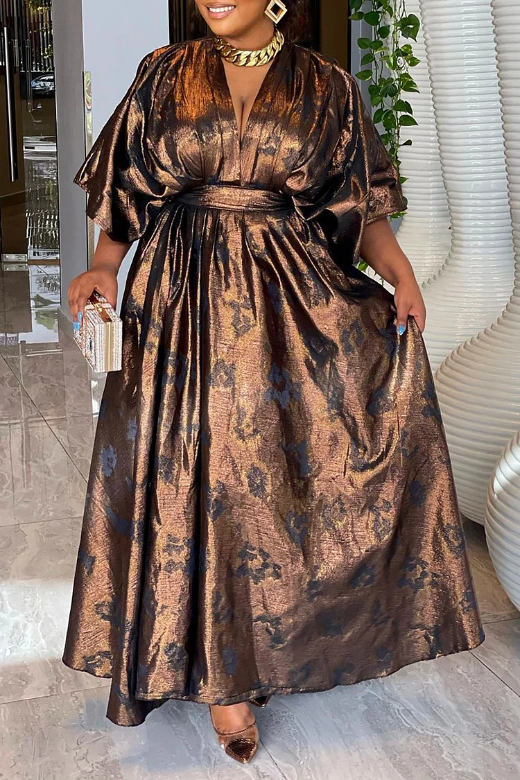 Plus Size Daily Dress Brown All Over Print V-Neck Maxi Dress 