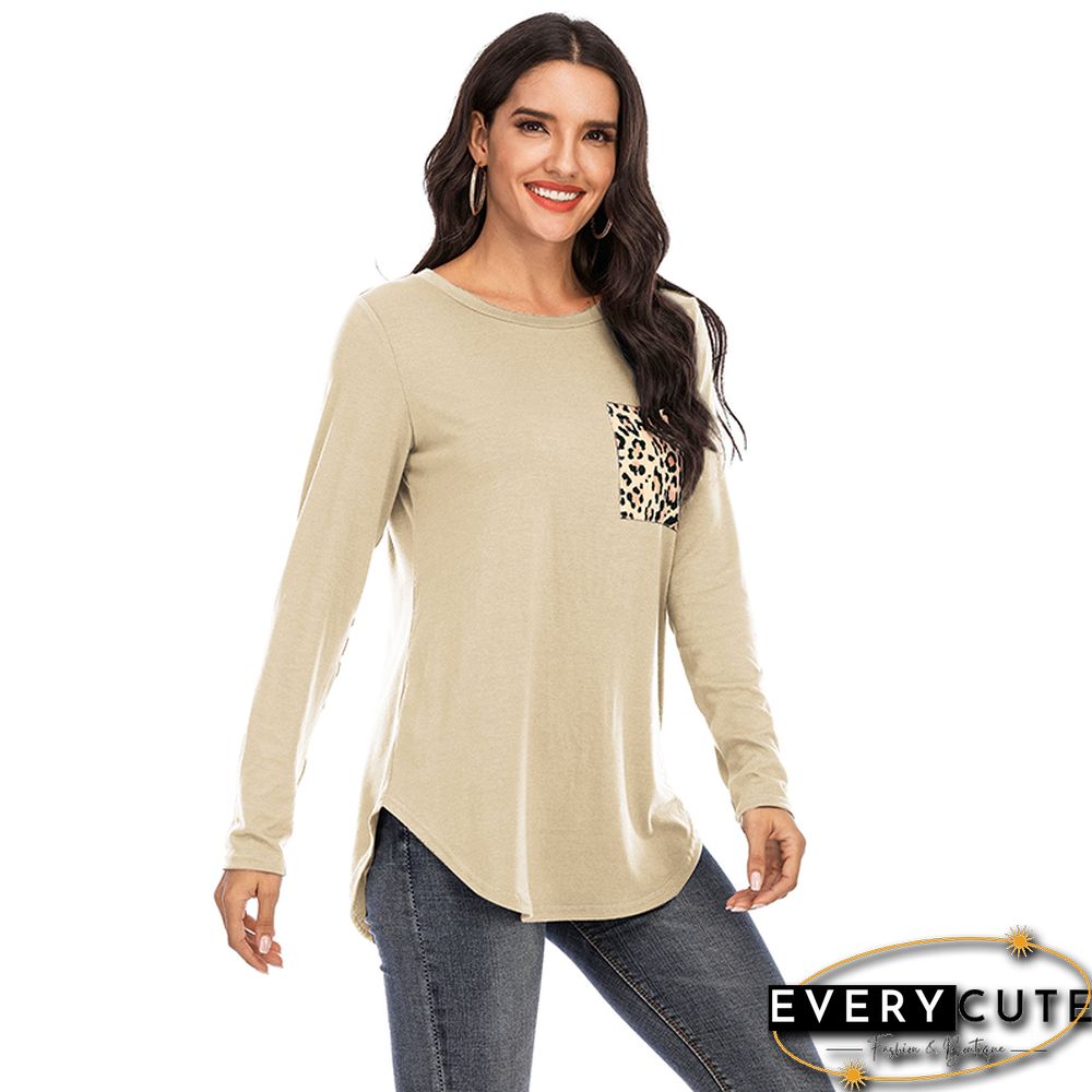 Khaki Leopard Pocket Long Sleeve Tops