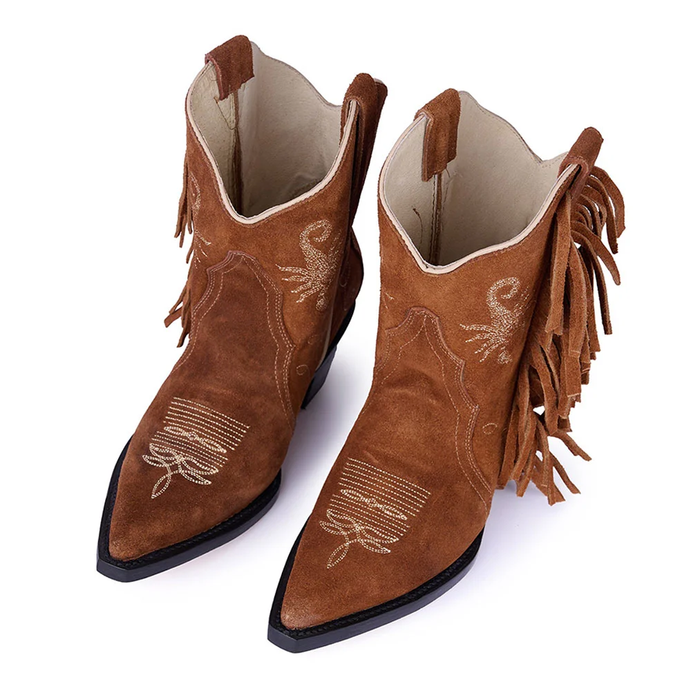 Brown Pointed Toe Scorpion Embroidery Chunky Heel Fringe Cowgirl Boots