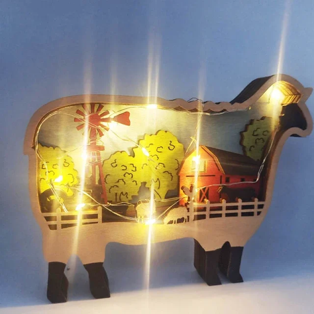 Sheep Totem Wooden Home Decoration 3D Carving Animal Night Light Carving Handcraft Gift