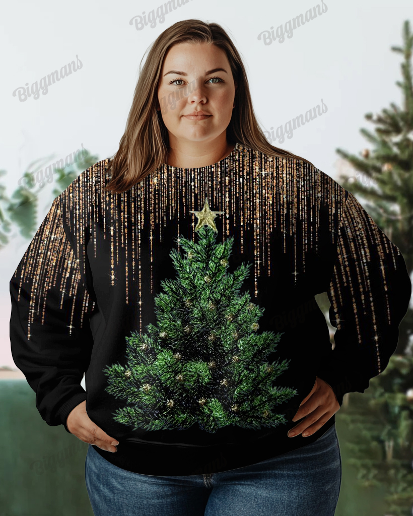 Women's Plus Simple Fashion Gold Striped Christmas Tree Print Long-sleeved Sweatshirt