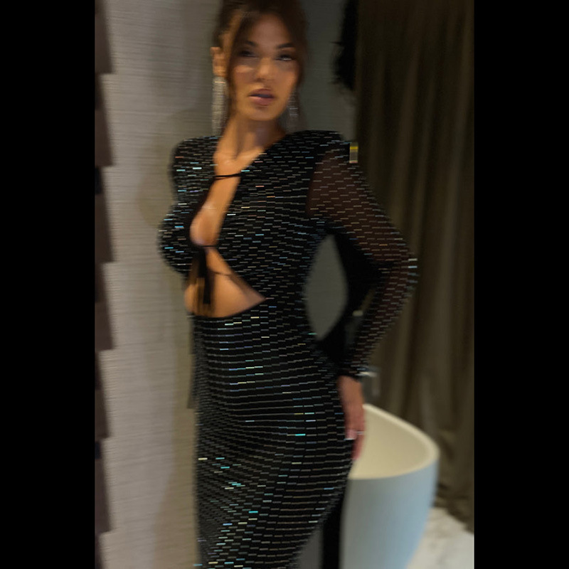 Ootddress Glitter Hollow Out See-Through Maxi Dress Female Sexy Lace-Up Club High Waist Patchwork Sparkle Bandage Women Long Dress