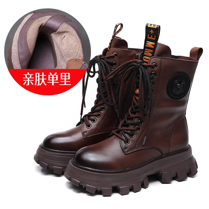 Yyvonne Layer Of Cowhide Autumn And Winter Plus Velvet Warm New Baibian Cake Bottom Cylinder Zipper Locomotive Boots Martin Boots Woman