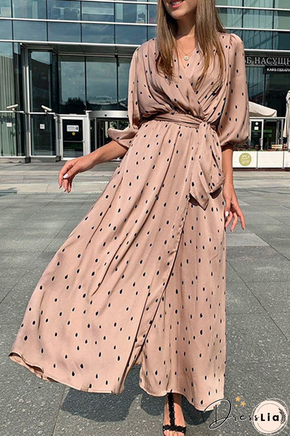 Fashion Elegant Polka Dot Split Joint With Belt V Neck Dresses