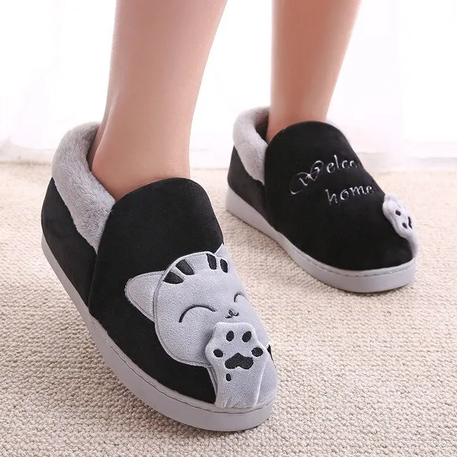 Qengg Women's Plush Slippers Winter House Shoes Women Warm Home Couple Shoes Female Cat Animal Ladies Slip On Flats Woman Plus Size 44
