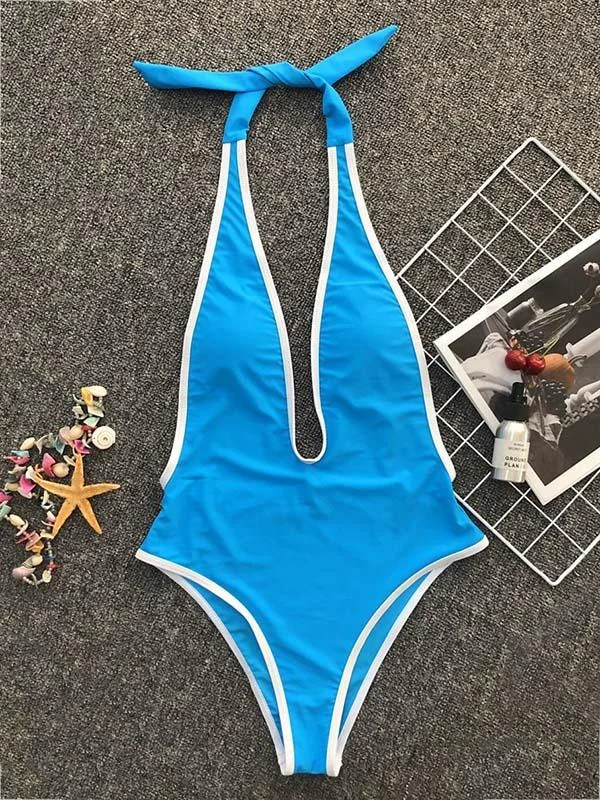 Solid Color Hemming Backless Halterneck One-Piece Swimwear