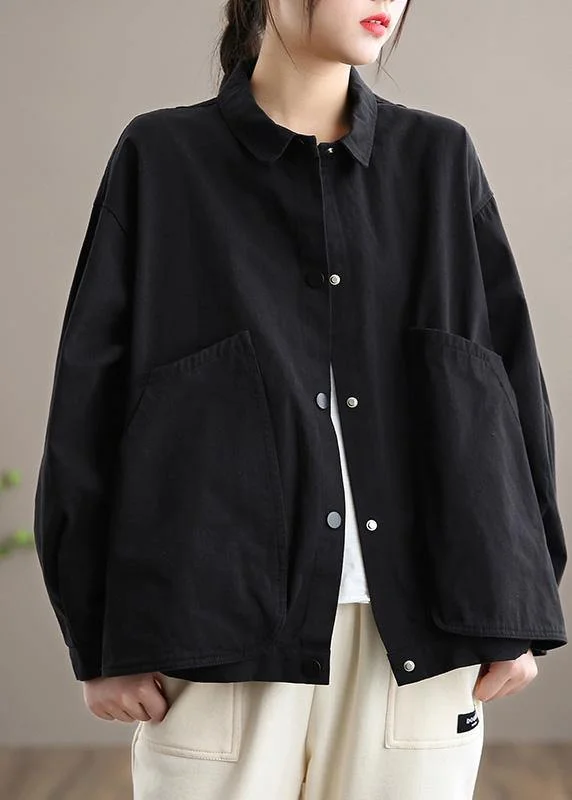 Organic Lapel Large Pockets Spring Clothes For Women Christmas Gifts Black Tops