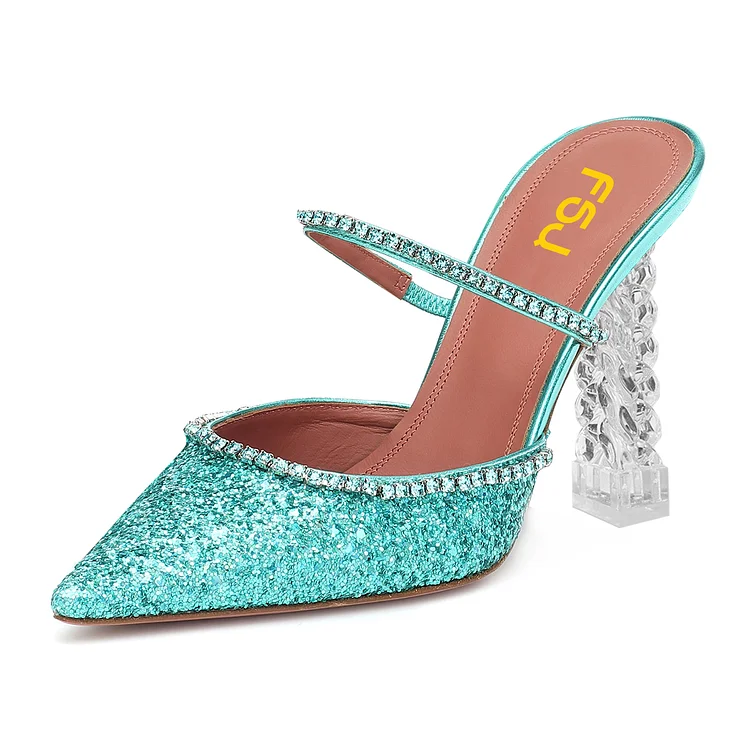 Turquoise Glitter Shoes Clear Block Heel Rhinestone Mules for Women |FSJ Shoes