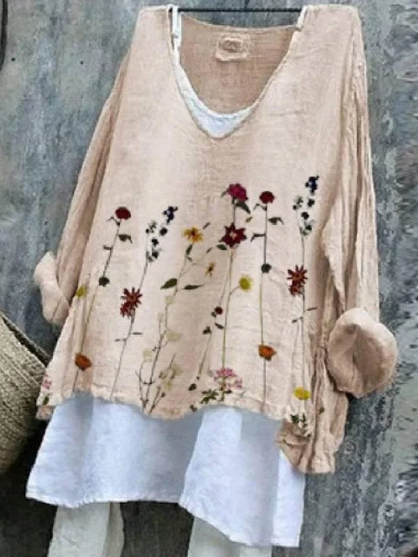 V-Neck Floral Print Casual Loose Fit Long Sleeve Blouse
