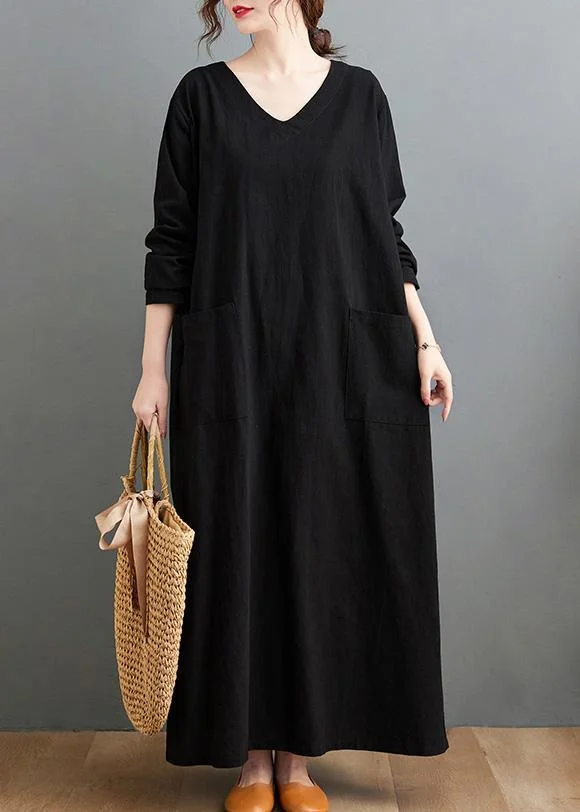 French V Neck Side Open Spring Quilting Dresses Tutorials Black Long Dress
