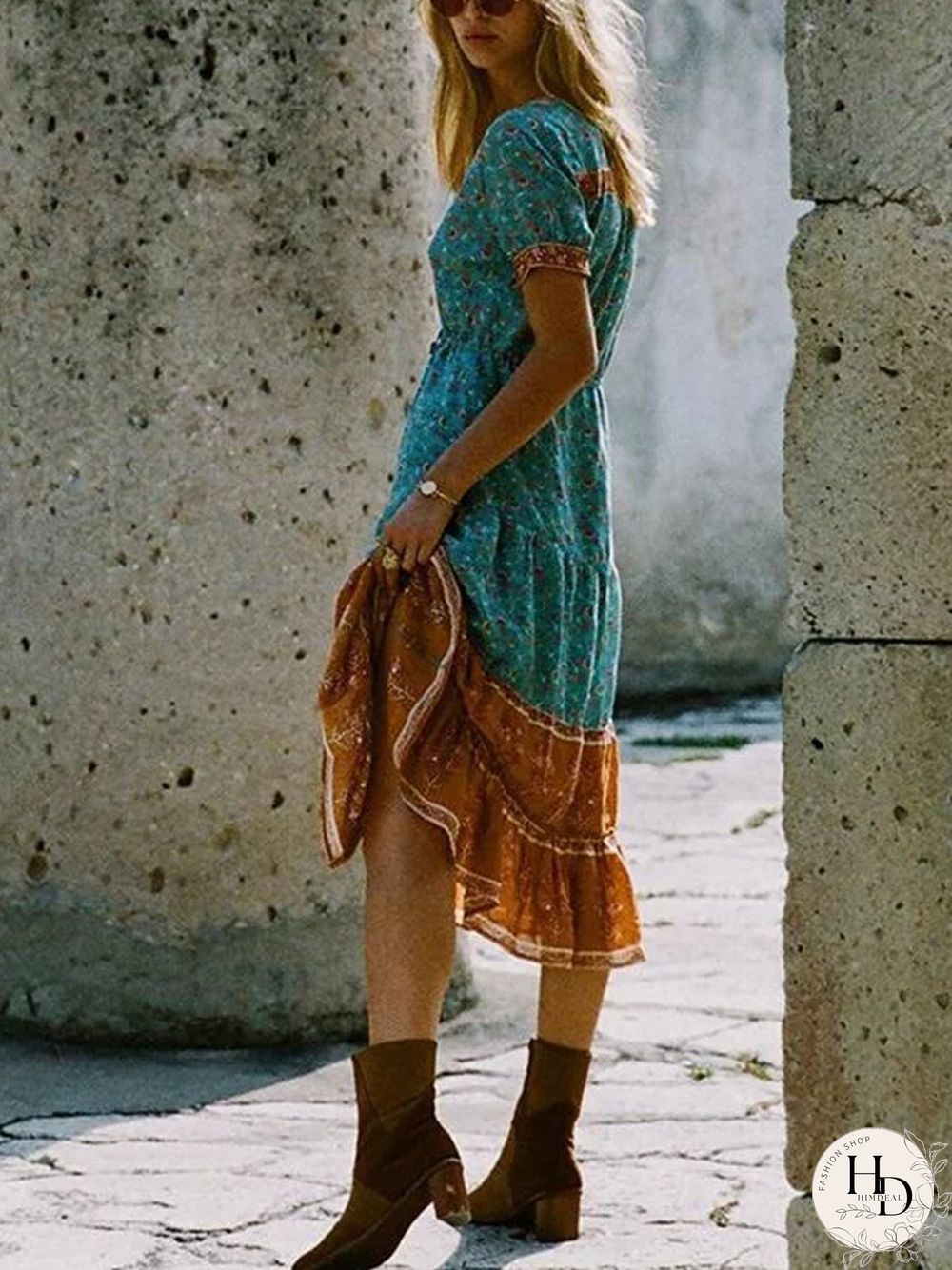 Short Sleeve Boho Print V-neck Calf-length Dress P14762