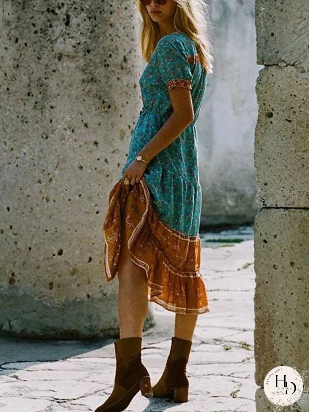 Short Sleeve Boho Print V-neck Calf-length Dress P14762