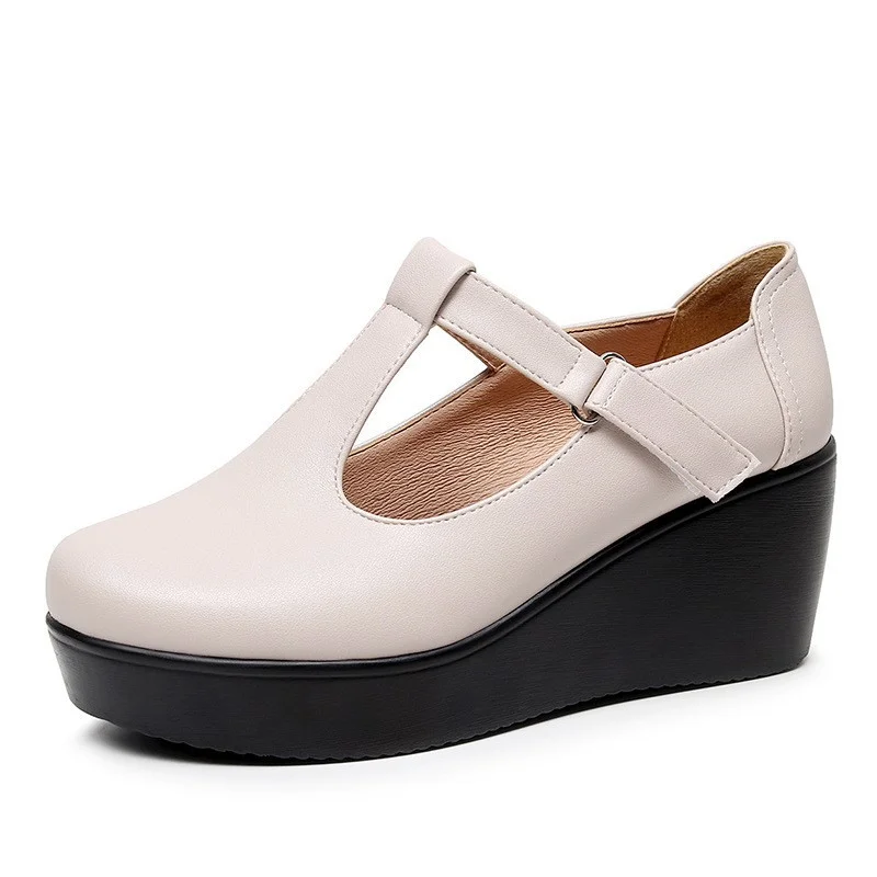 Breakj Breakj With Round Head Slope And Soft Soles Of Mother Leather Shoes Spring And Autumn Waterproof Table Thick-Soled Loose Cake Shallow Magic Stick Single Shoes Women