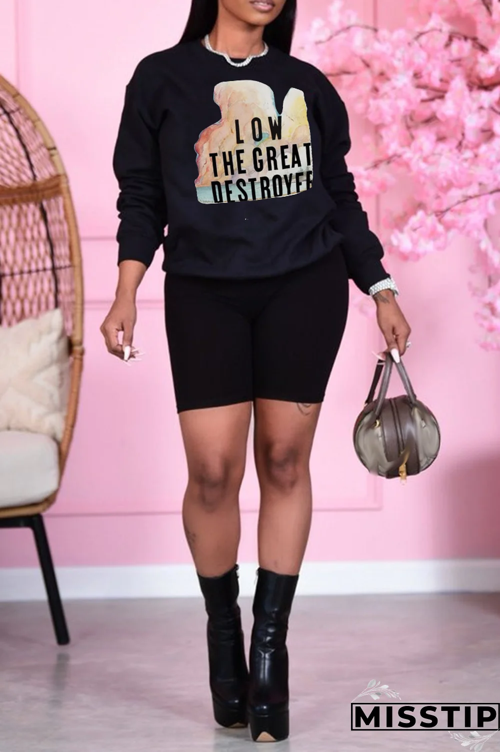 Black Casual Daily Print Patchwork O Neck Tops