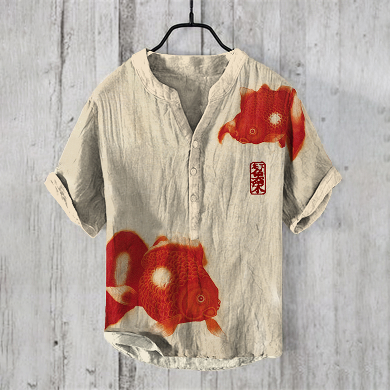 menweary Vintage Goldfish Japanese Art Cozy Cotton Linen Shirt