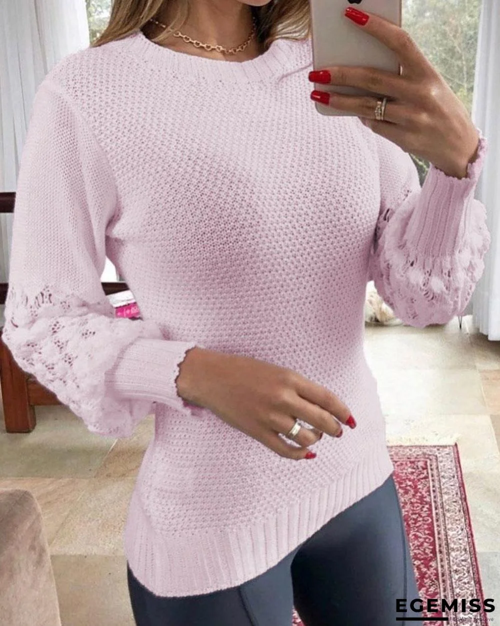 Hollow-Out Knitted Lantern Sleeve Sweater | EGEMISS
