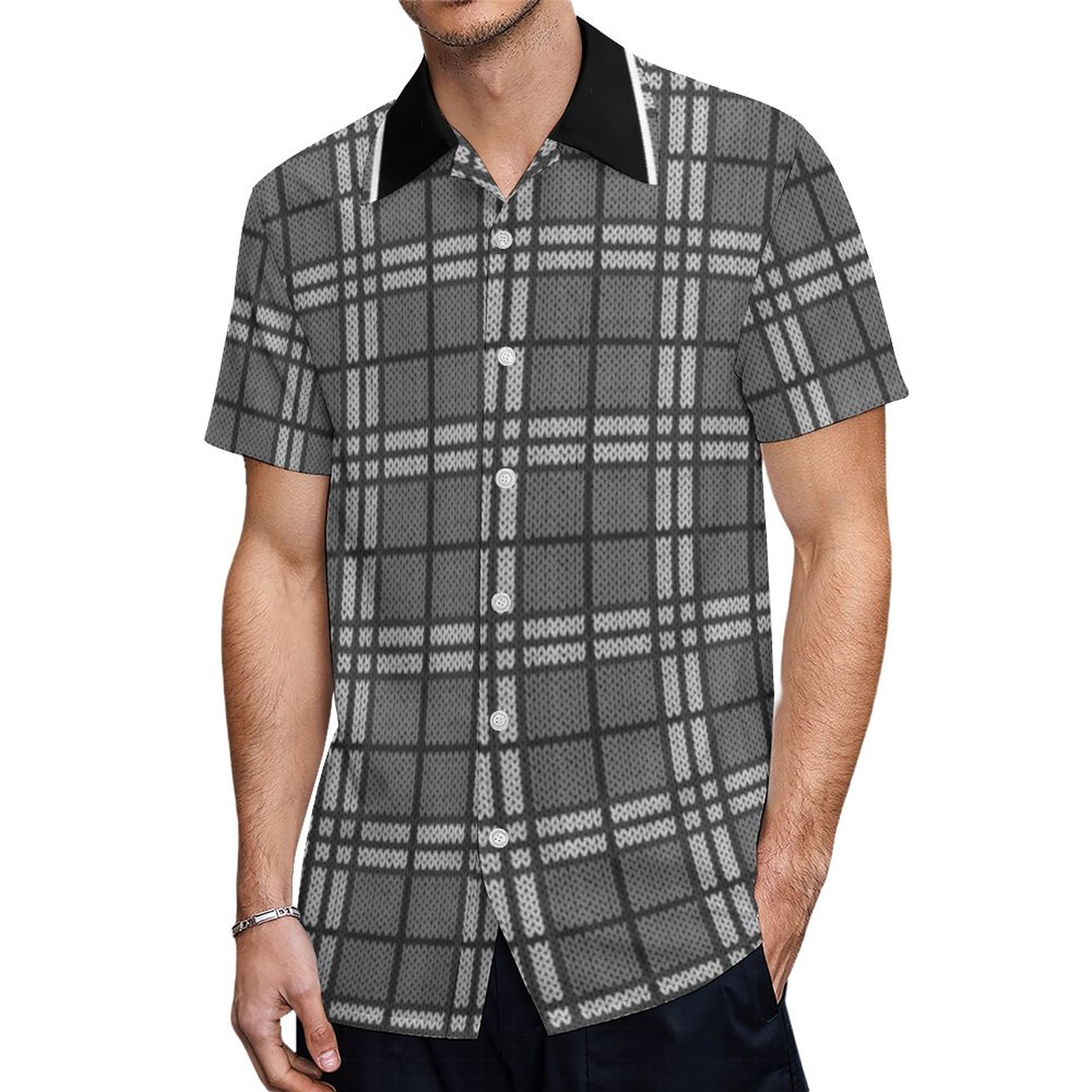 Monogram Faux Knit Gray Plaid Hawaiian Shirt Mens Button Down Plus Size Tropical Hawaii Beach Shirts