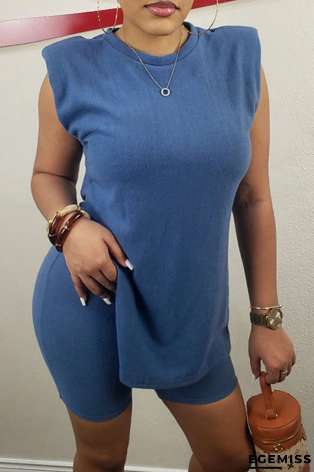 Blue Fashion Casual Solid Slit O Neck Sleeveless Two Pieces | EGEMISS