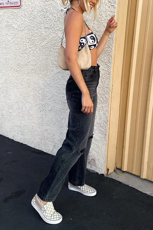 Black Borken Hole Straight Leg Jeans