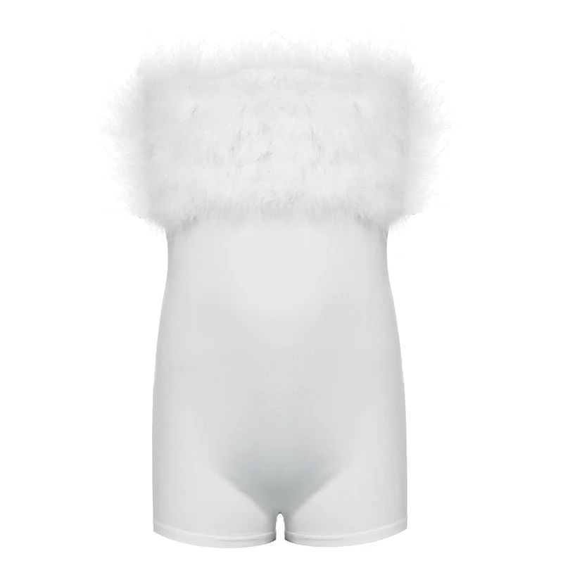 BIIKPIIK Tassel Stitching Party Evening Playsuits White Fur Sexy Club Outfit For Women Elegant One-pieces Bodycon Shorts Romper